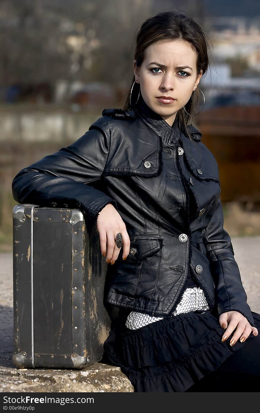 Series photos of attractive young woman waiting for her train