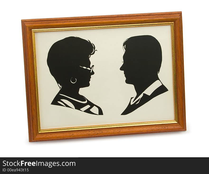 Silhouette of happy couple in frame, isolated on white. Silhouette of happy couple in frame, isolated on white