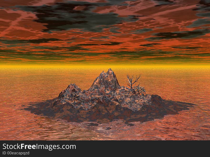 Rusty island in heavily polluted ocean - digital illustration. Rusty island in heavily polluted ocean - digital illustration