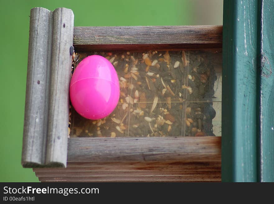 An easter egg hidden on the bird feeder. An easter egg hidden on the bird feeder