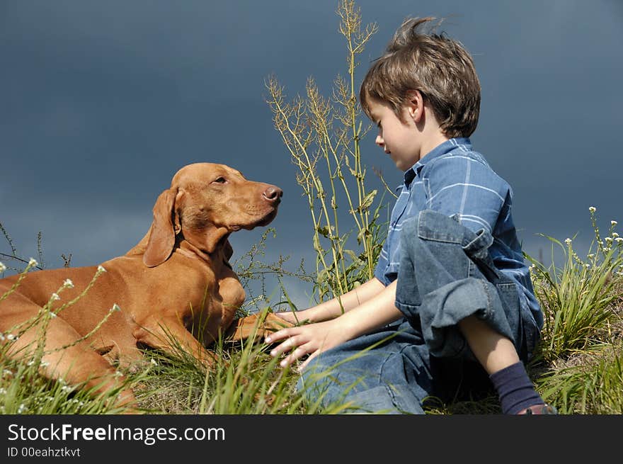 Young country boy in the meadow talking to his pet dog. Young country boy in the meadow talking to his pet dog.