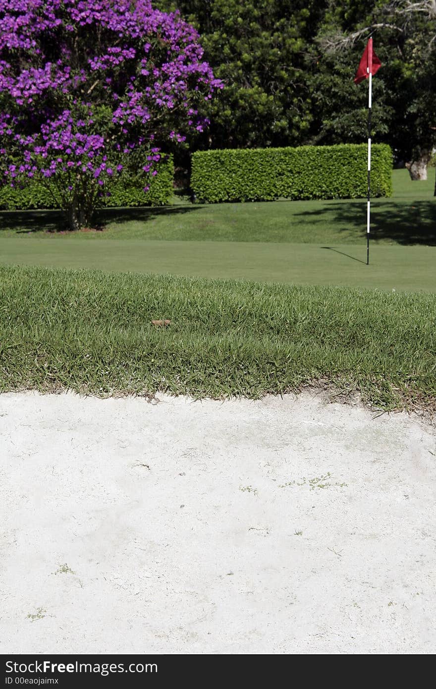 Golf Putting Green With Flag And Sand Bunker In The Foreground. Golf Putting Green With Flag And Sand Bunker In The Foreground