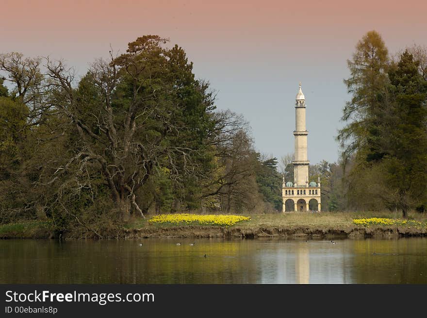 Minaret tower in gardens of chateau Lednice, south Moravia. Czech Republic