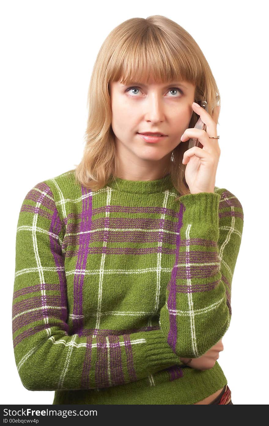 Portrait of the girl talking by mobile phone on a white background. Portrait of the girl talking by mobile phone on a white background