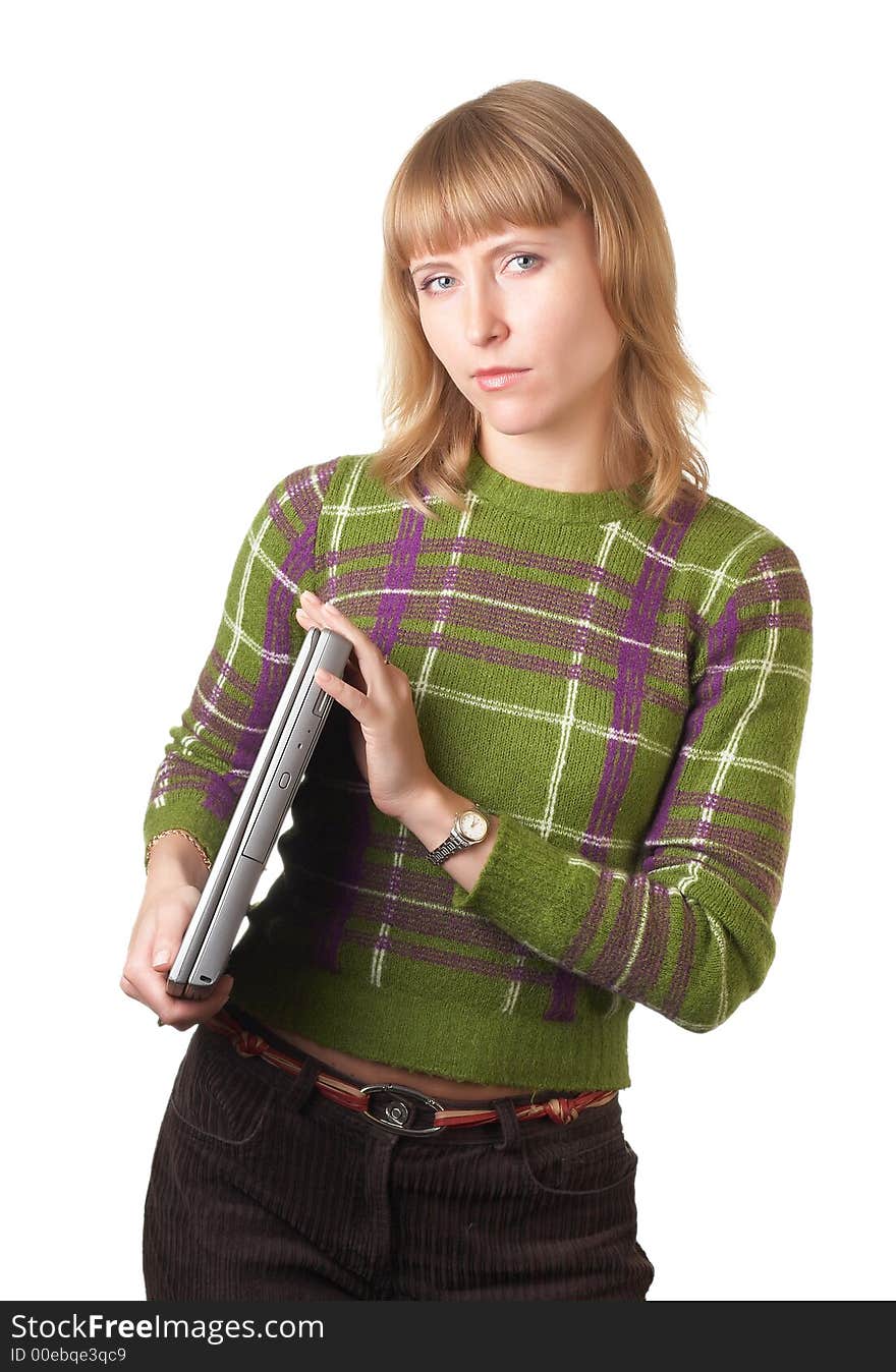 Portrait of the strict nice girl with a notebook on a white background. Portrait of the strict nice girl with a notebook on a white background