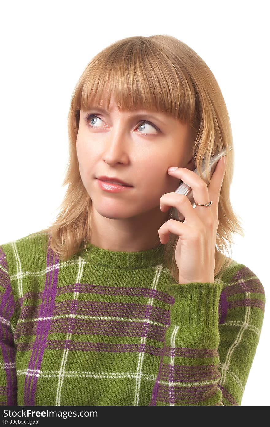 Portrait of the girl talking by mobile phone on a white background. Portrait of the girl talking by mobile phone on a white background