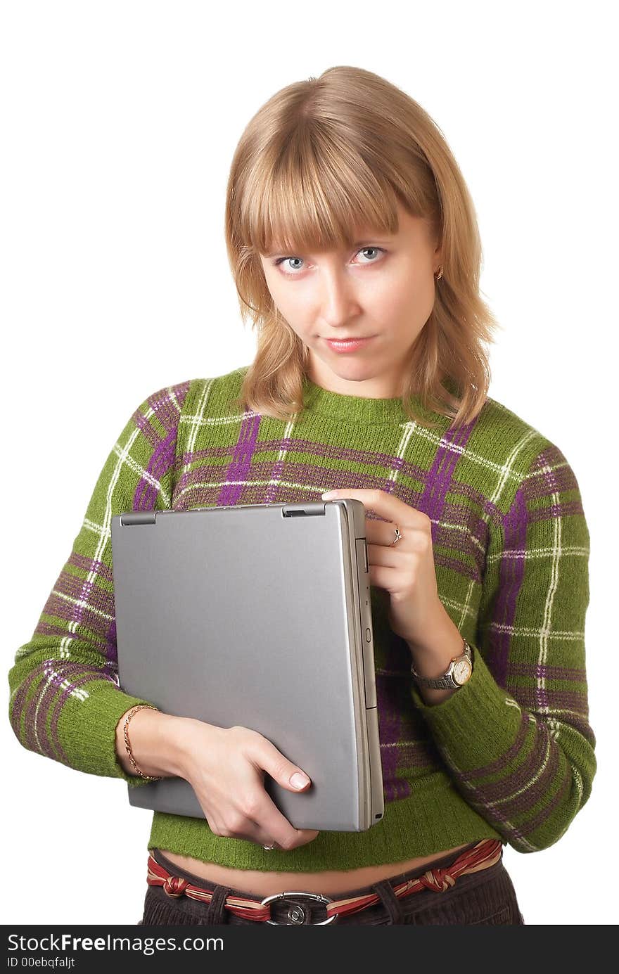 Portrait of the nice girl with a notebook on a white background. Portrait of the nice girl with a notebook on a white background