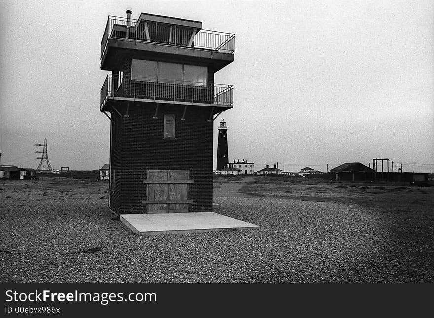 A lookout tower/control tower shot on bw film