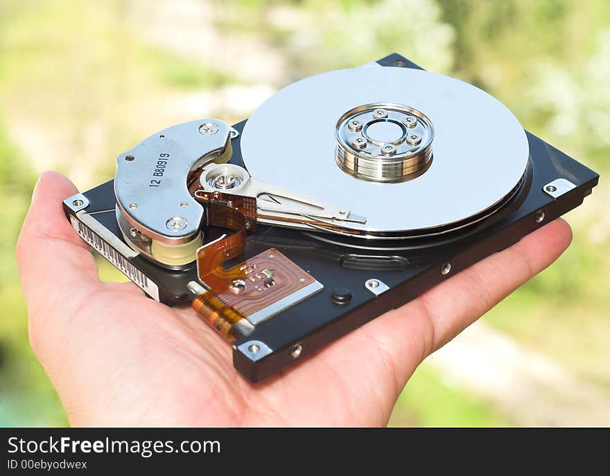 Open Hard Disk on the Palm on vibrant green background. Open Hard Disk on the Palm on vibrant green background