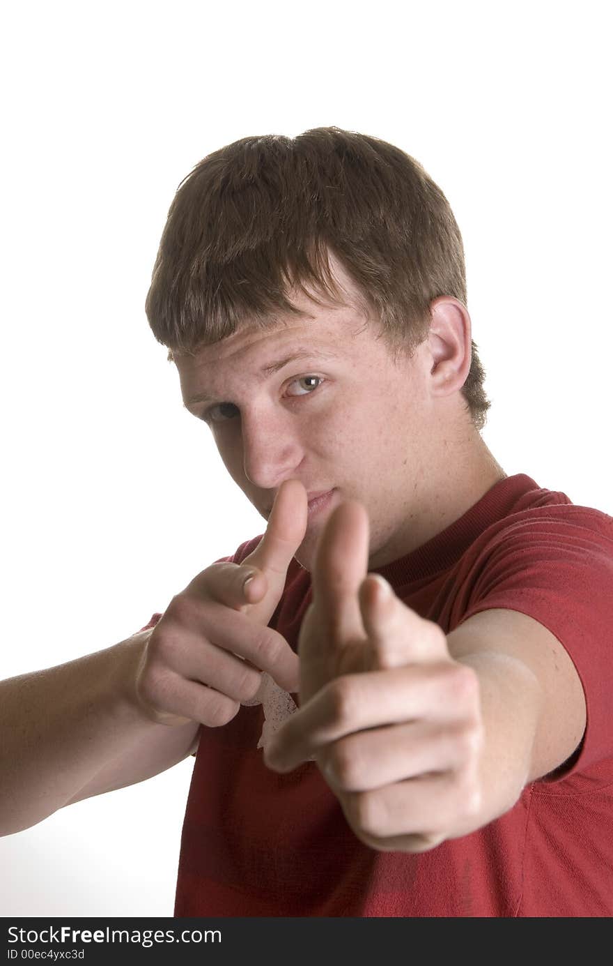 Young male teenager wearing red shirt pointing fingers