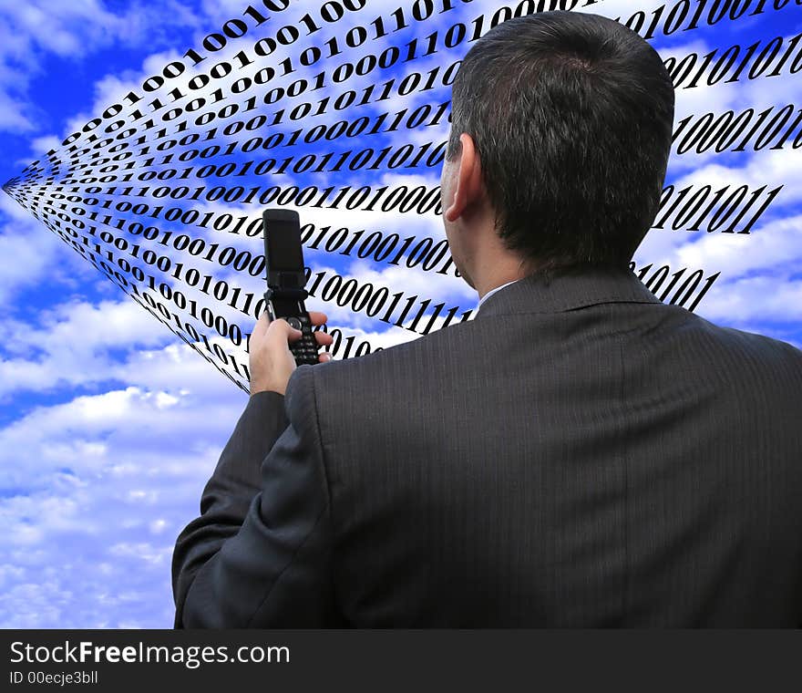 Salesman receiving binary code in the sky. Salesman receiving binary code in the sky