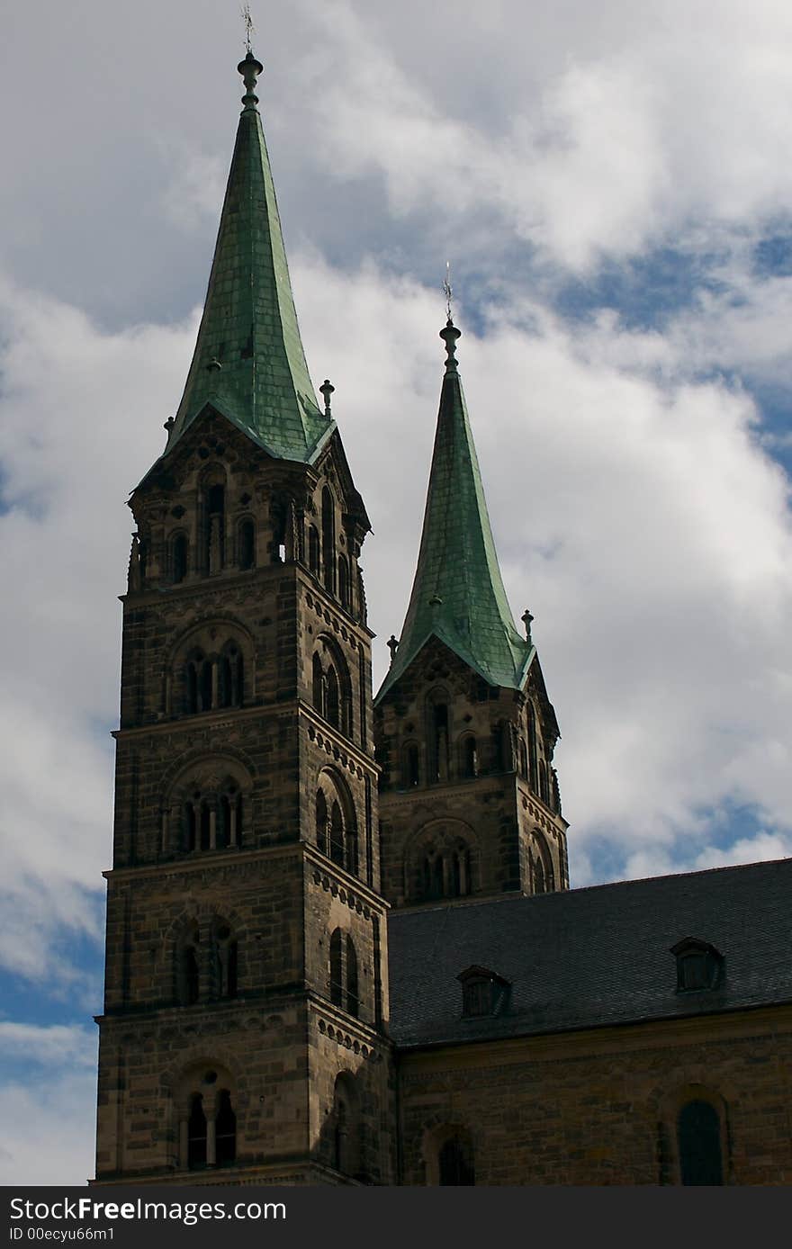 The two front spires of Bamberg's imperial Cathedral. The two front spires of Bamberg's imperial Cathedral.