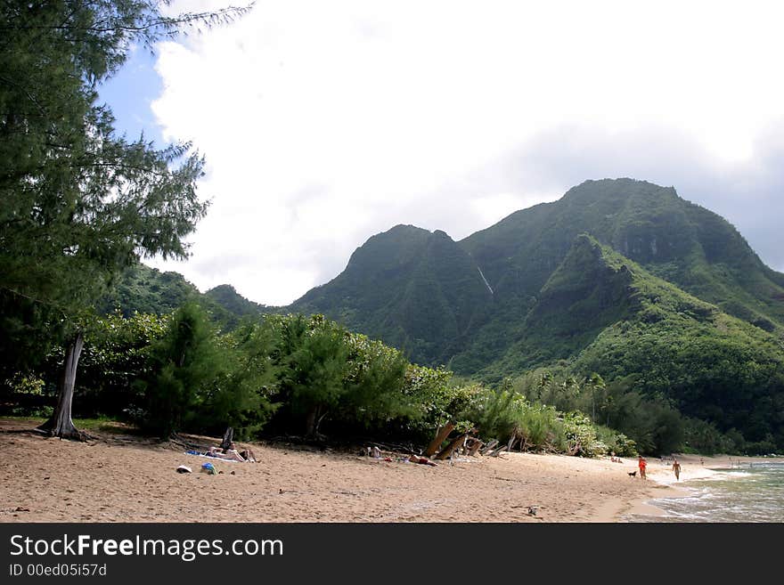 Beach and mountain on Kauai.