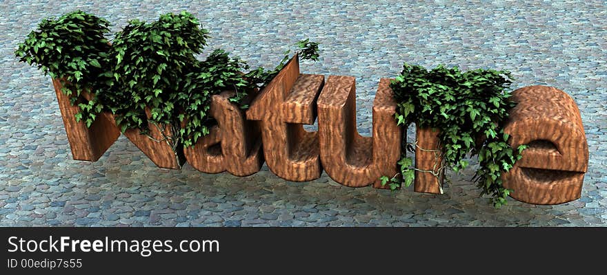 A carved wooden logo of nature is overgrown with cute green ivy, background of cobblestones. A carved wooden logo of nature is overgrown with cute green ivy, background of cobblestones.