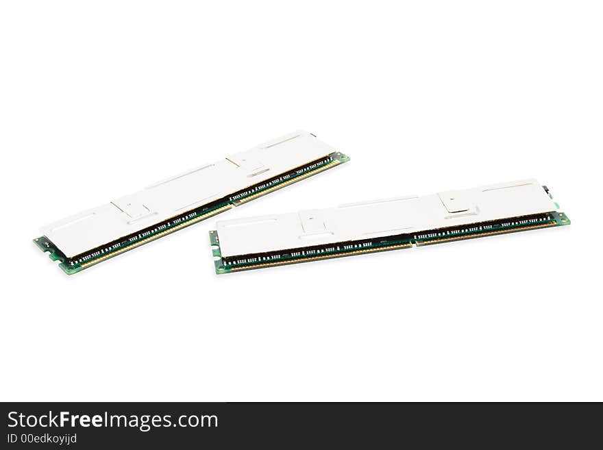 Pair modules of computer memory on a white background with pretty shadows. Pair modules of computer memory on a white background with pretty shadows