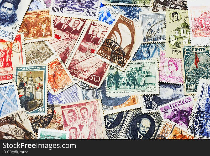 Shot of the random collection of soviet postal stamps (1920-1980s)