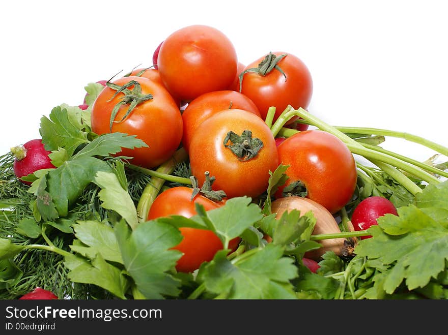 Tomatoes and parsley isolated on white background