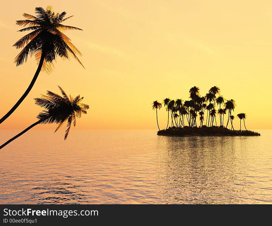 Sunset coconut palm trees and  small  island - 3d illustration. Sunset coconut palm trees and  small  island - 3d illustration.