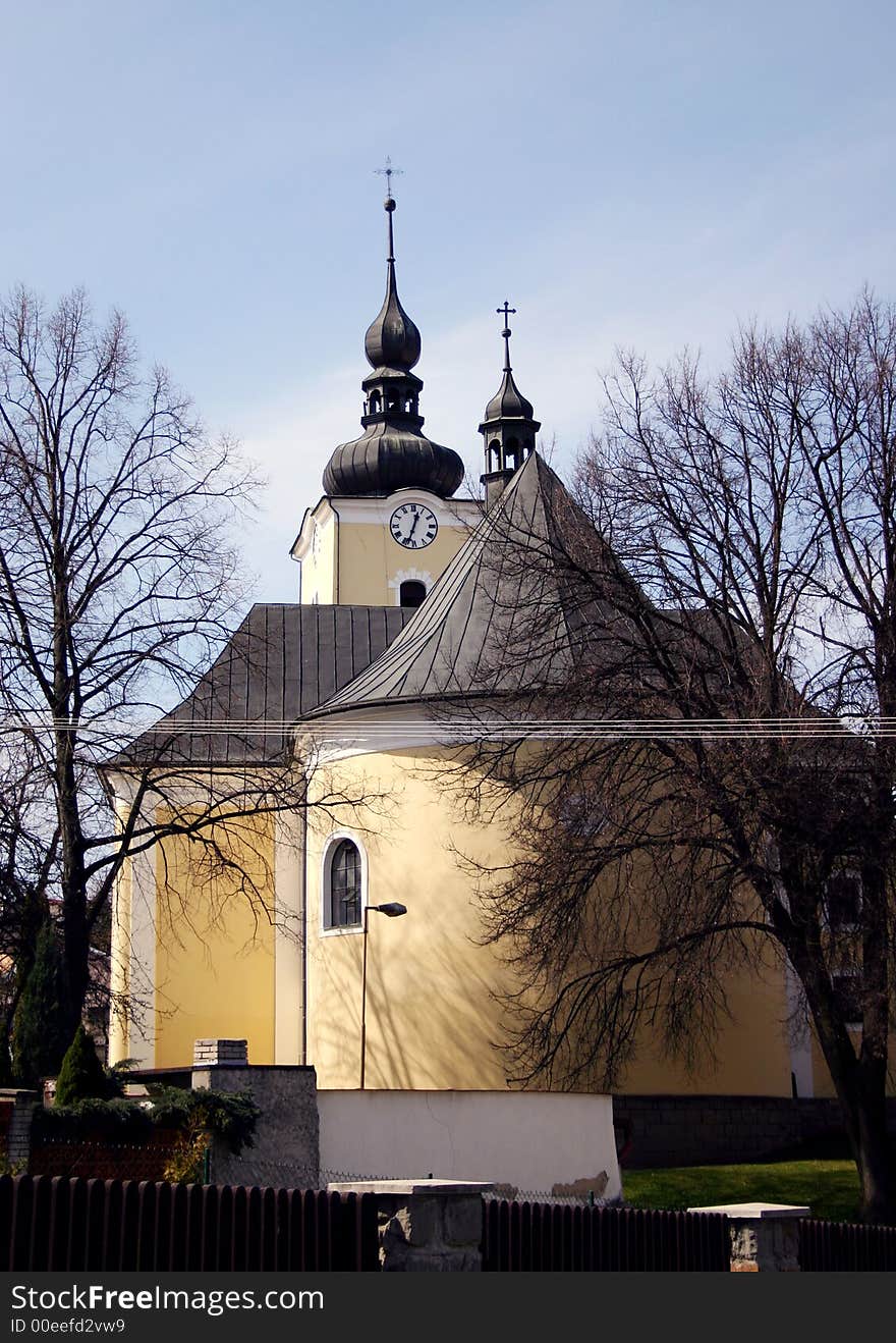 Back view at church with two
tower in spring