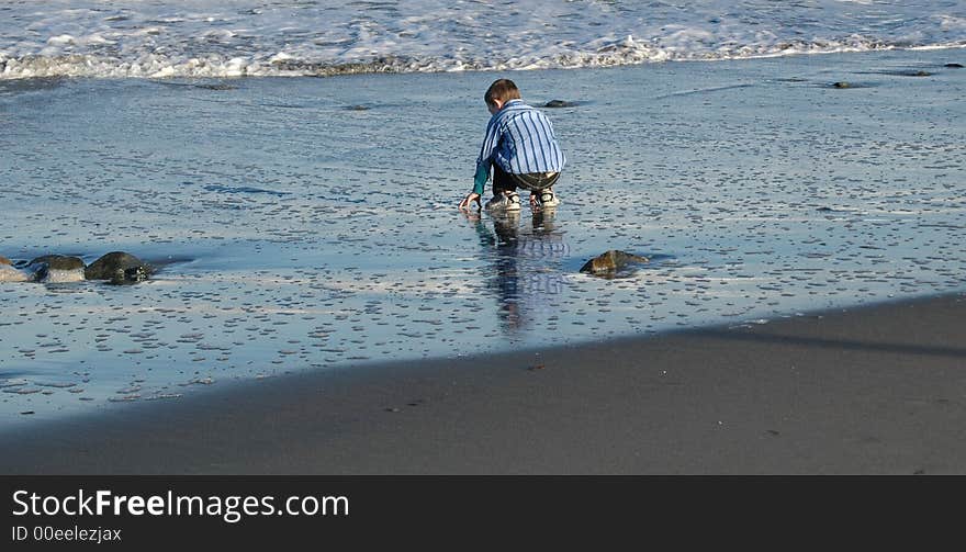Little boy crouching at the water's edge. Little boy crouching at the water's edge