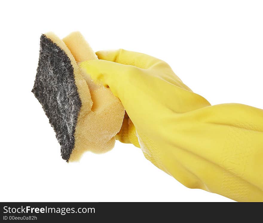 Hand in yellow rubber glove with yellow sponge and foam. Hand in yellow rubber glove with yellow sponge and foam