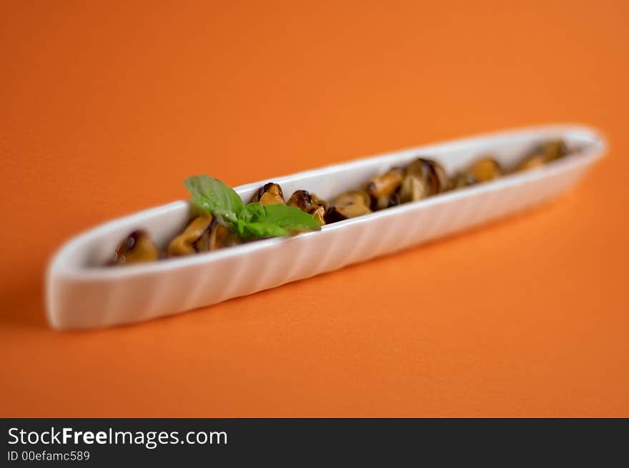 Shells with rice and oregano on the orange background