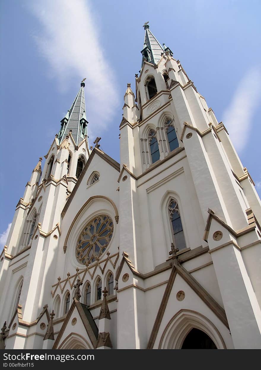 Historic Church looking up at blue sky. Historic Church looking up at blue sky