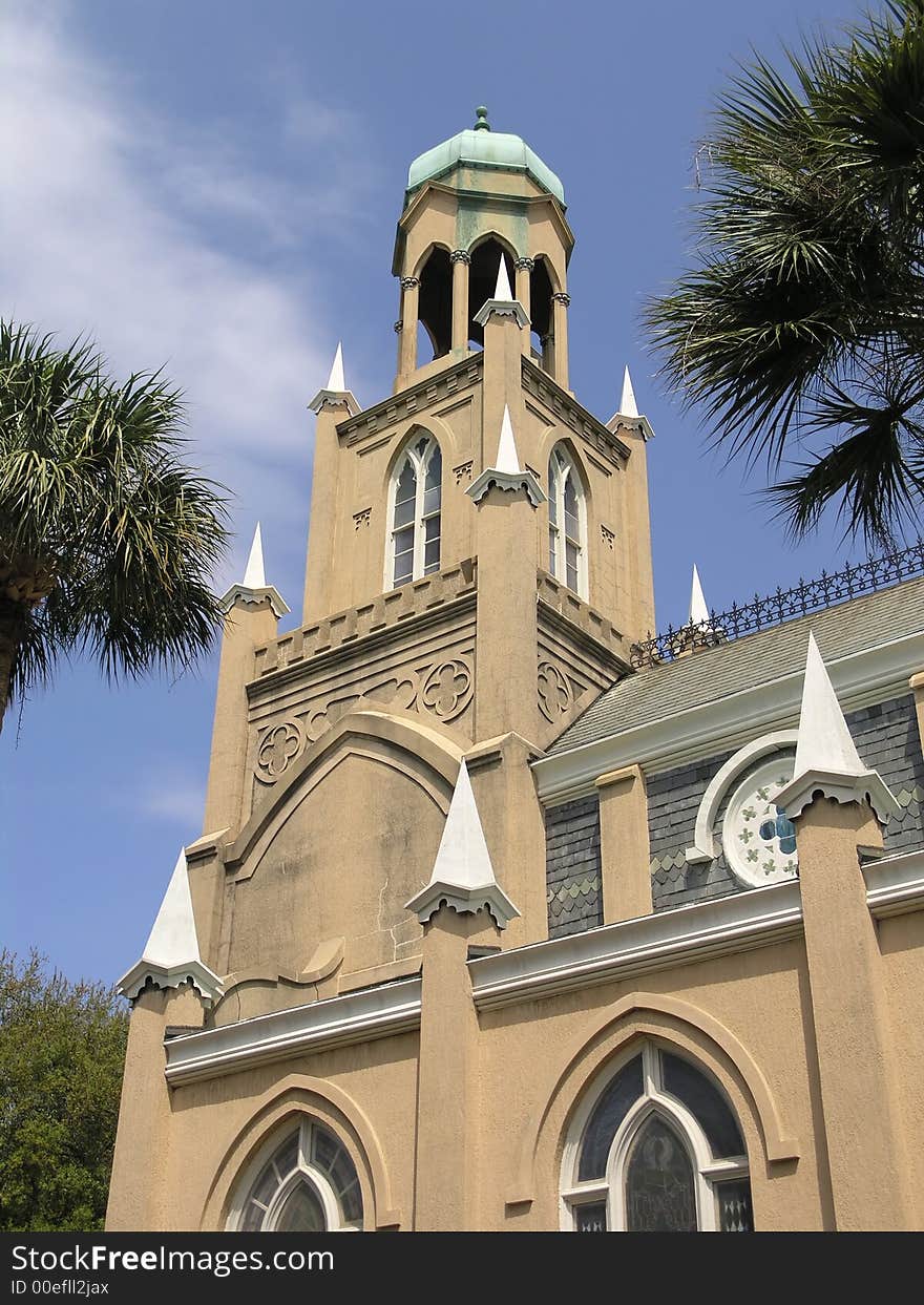 Historic Synagogue amongst Palms and blue sky. Historic Synagogue amongst Palms and blue sky