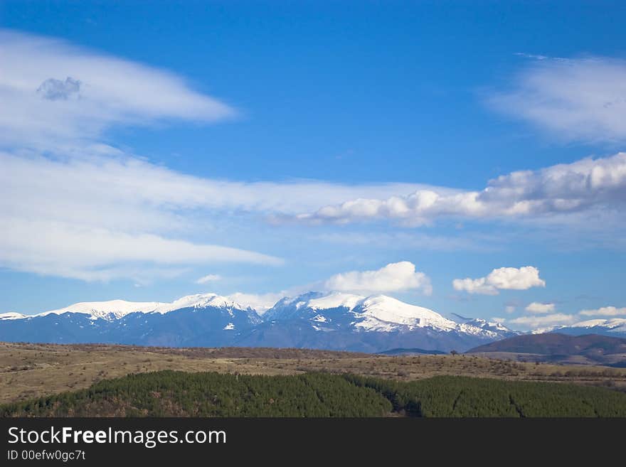 Rila Mountain (distant view from region of Kyustendil, Bulgaria)