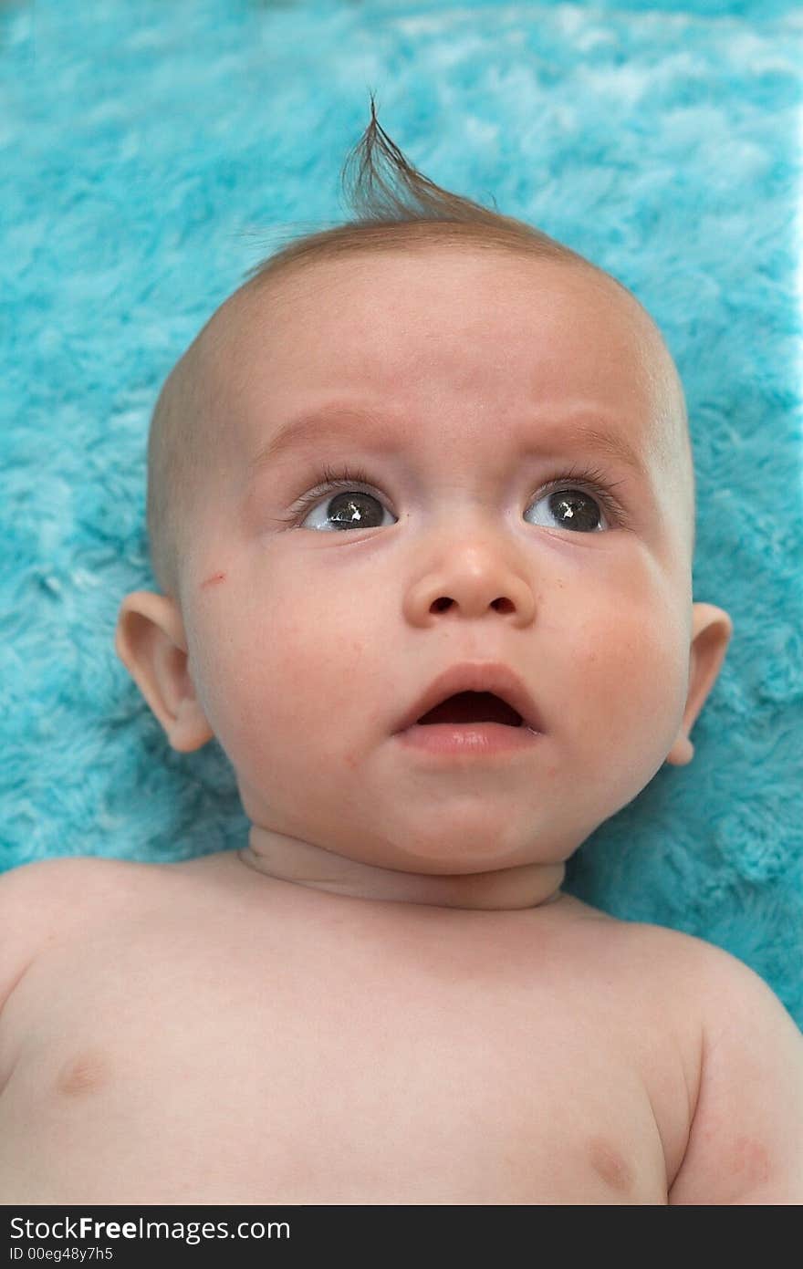 Image of beautiful 6 month old baby boy lying on a fuzzy turquoise blanket. Image of beautiful 6 month old baby boy lying on a fuzzy turquoise blanket