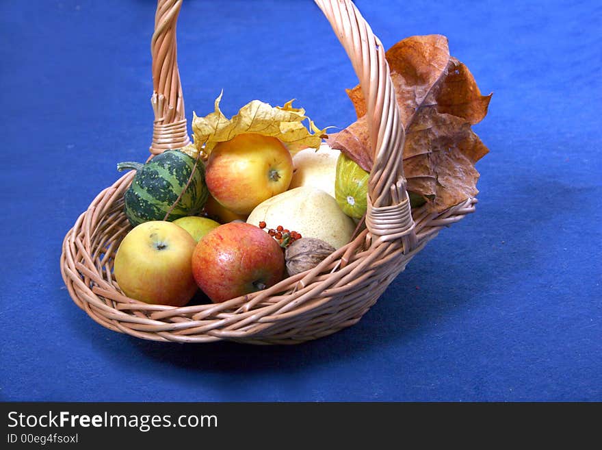 Vegetables and fruits in the basket on the blue. Vegetables and fruits in the basket on the blue