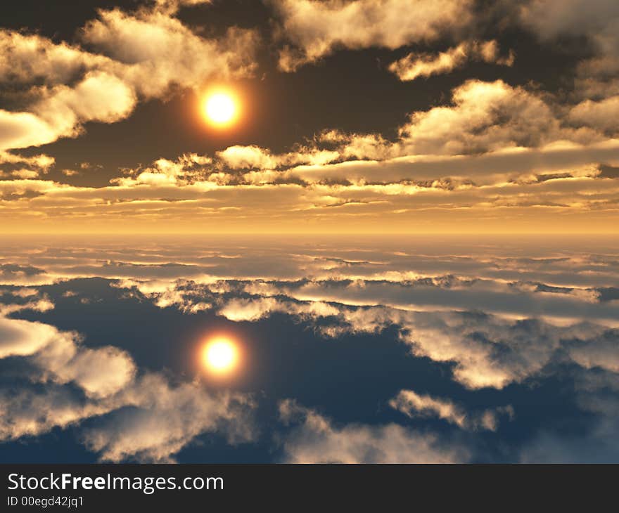 Sunset clouds reflected in quiet water - digital artwork. Sunset clouds reflected in quiet water - digital artwork