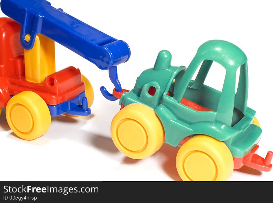 Series object on white: toy- truck crane. Series object on white: toy- truck crane