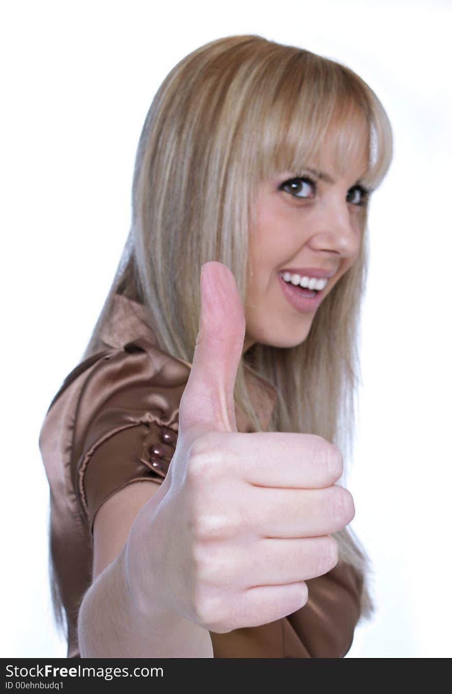 Young beautiful blond holding thumb up. Young beautiful blond holding thumb up