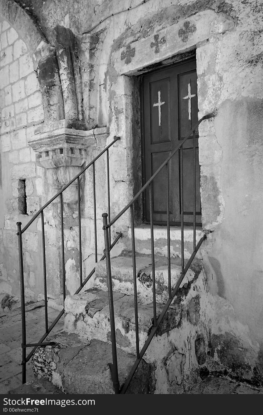 Church door on the roof of the Church of the Holy Sepulcre in Jerusalem