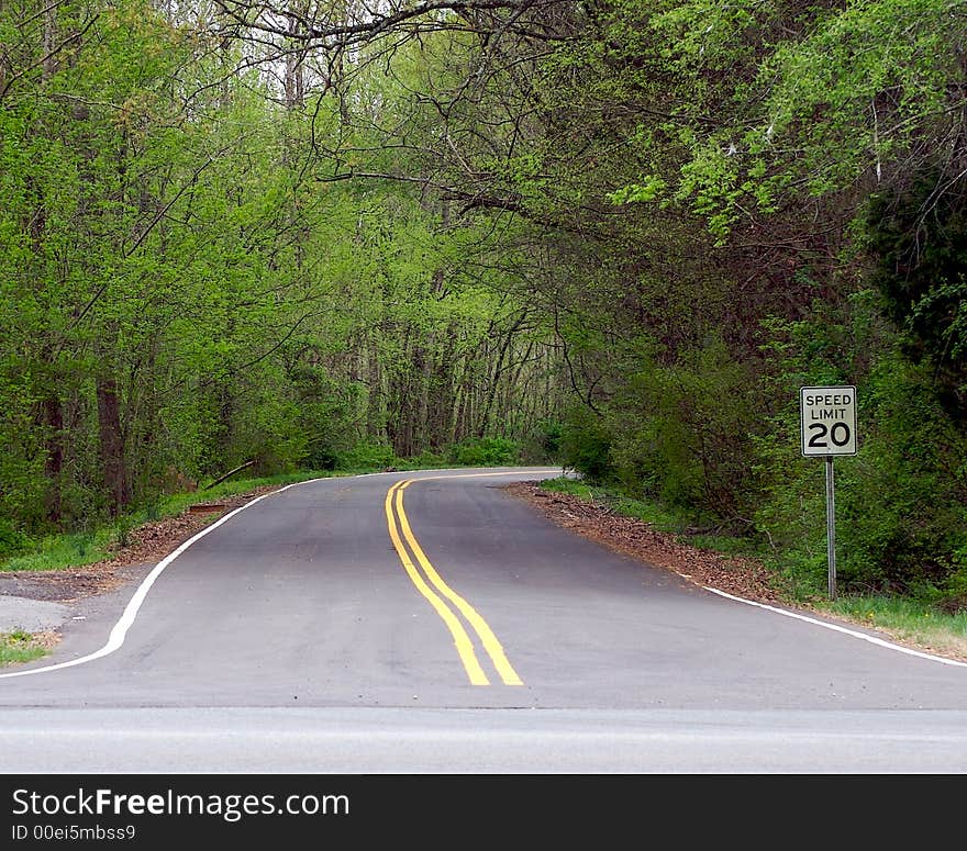 Road to a forest with a speed sign. Road to a forest with a speed sign