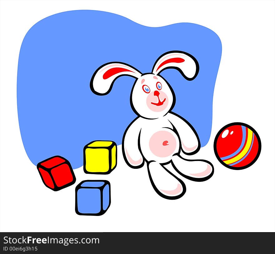 The white rabbit with three multi-colored cubes and a ball. The white rabbit with three multi-colored cubes and a ball.