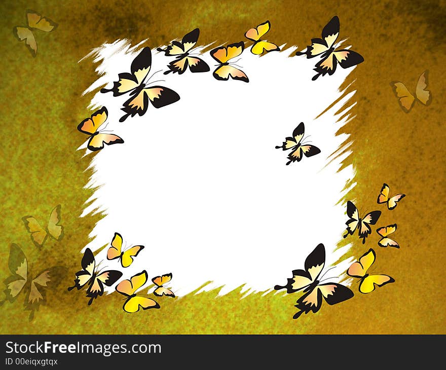 Yellow grunge border with butterflies, design element. Yellow grunge border with butterflies, design element