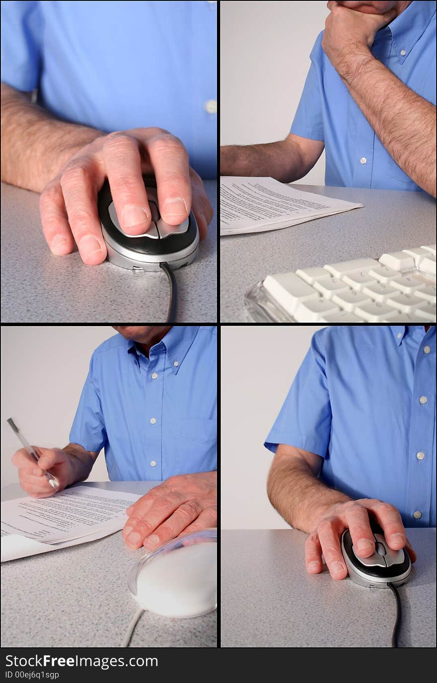 Composite of four images of man working at a desk. The images are separated by black boarder to assist easy selection. Composite of four images of man working at a desk. The images are separated by black boarder to assist easy selection.