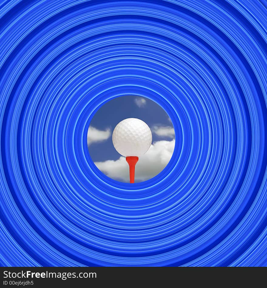 Golf ball on tee against sky overlaid with tunnel like abstract image. Golf ball on tee against sky overlaid with tunnel like abstract image.