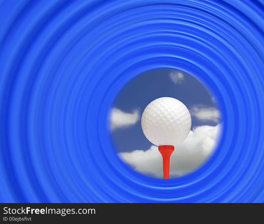 Golf ball on tee against sky overlaid with tunnel like abstract image. Golf ball on tee against sky overlaid with tunnel like abstract image.