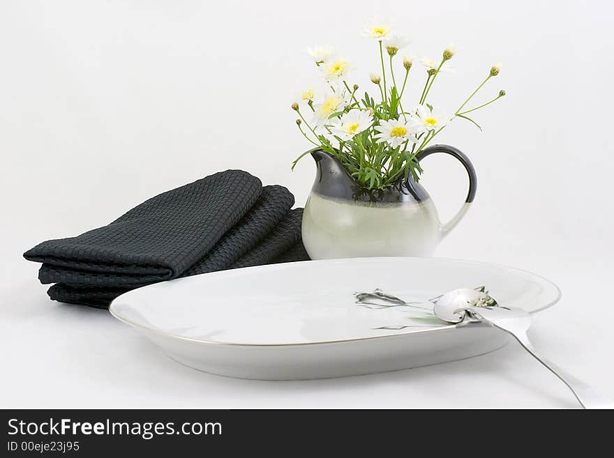 The table is dressed up with a cream pitcher filled with spring daisies and ready for the main course.  Fill with any thing you like. The table is dressed up with a cream pitcher filled with spring daisies and ready for the main course.  Fill with any thing you like.