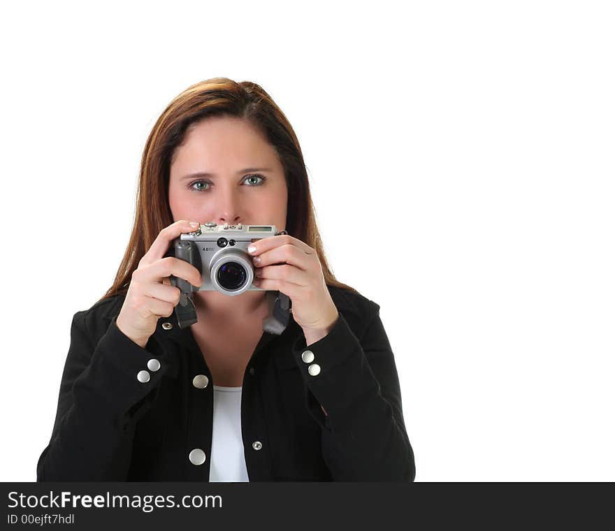 Portrait of woman holding a camera isolated on white. Portrait of woman holding a camera isolated on white