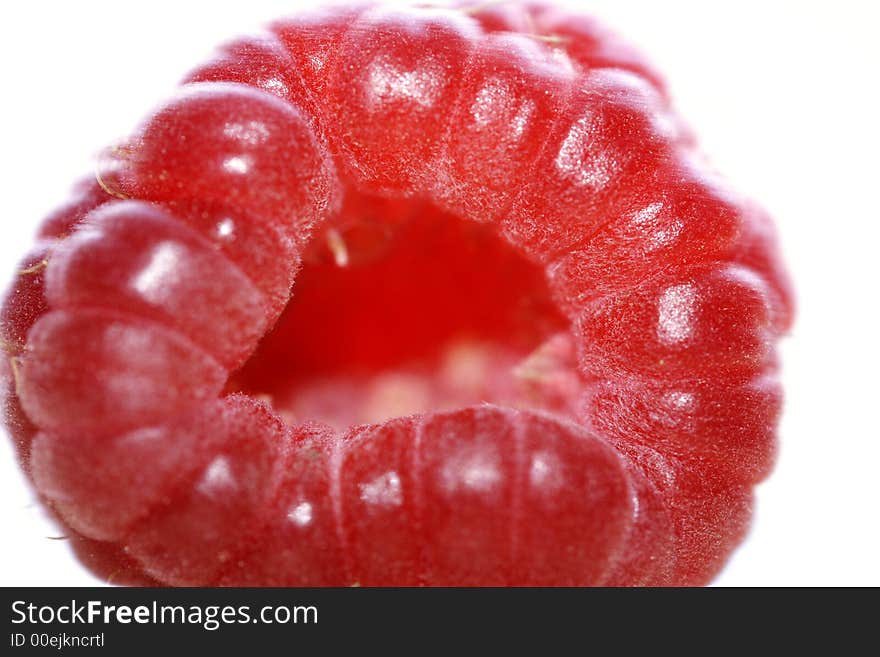 One raspberry on the white background