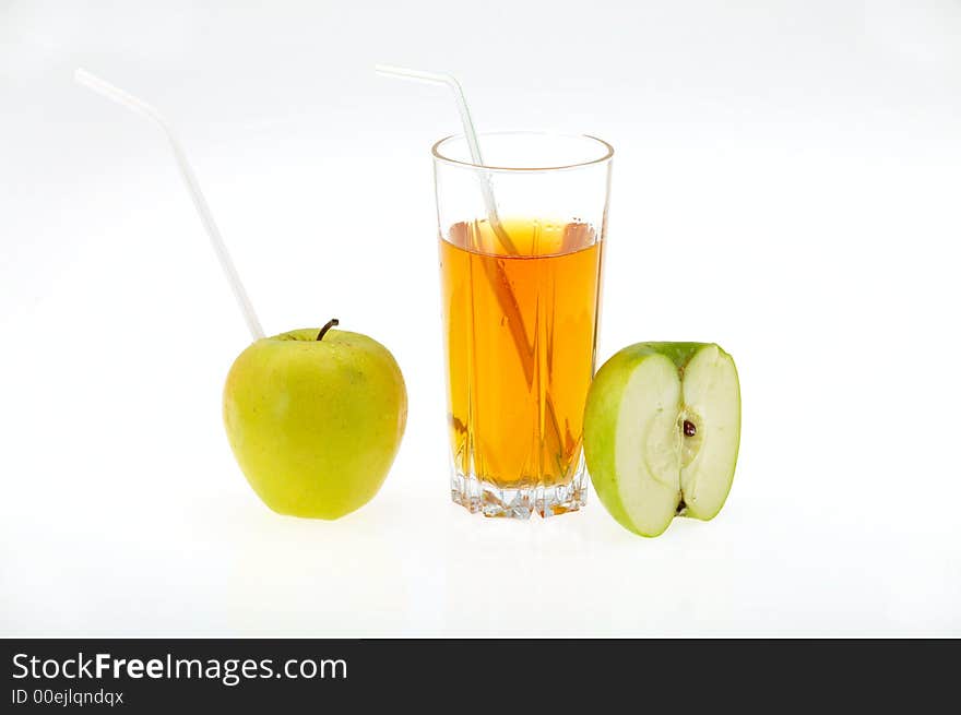 Apple juice and apple on white background