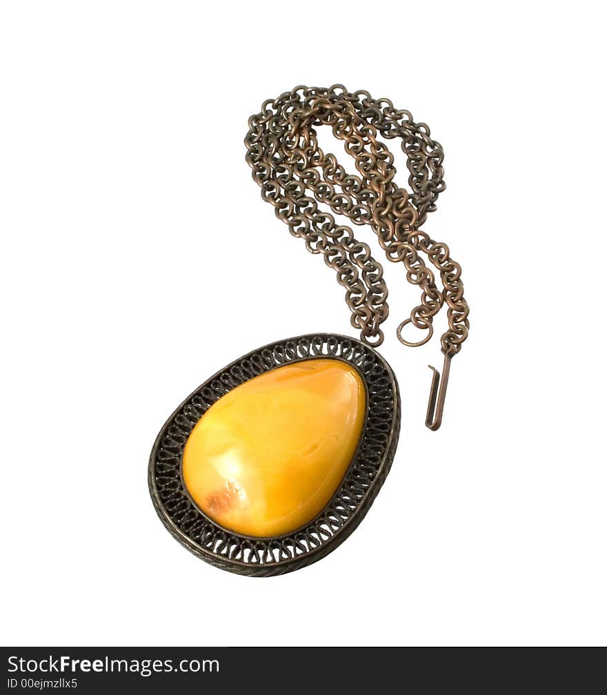 A pendant with amber in the center on a chain. A pendant with amber in the center on a chain