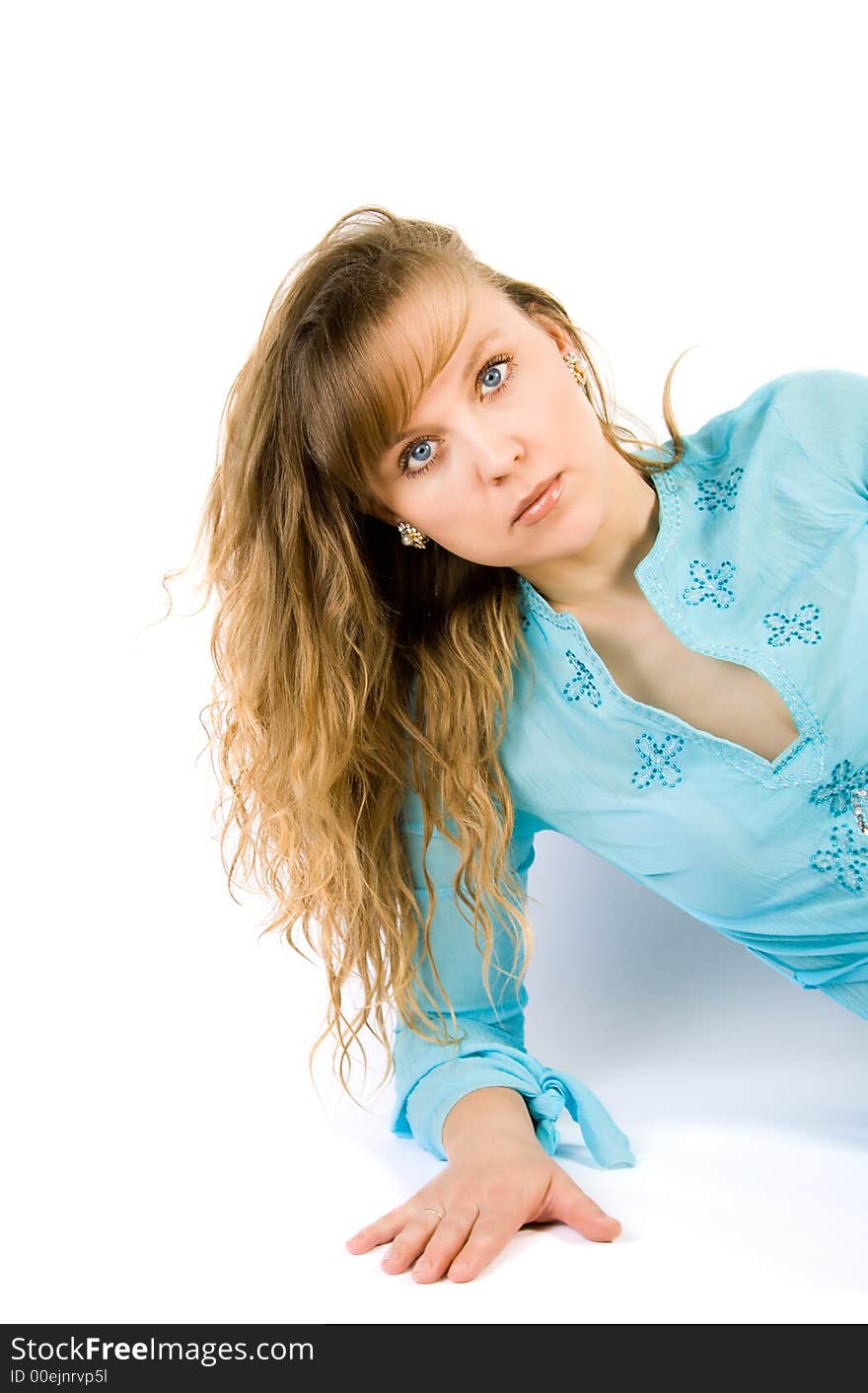 Pretty young women in blue isolated over white