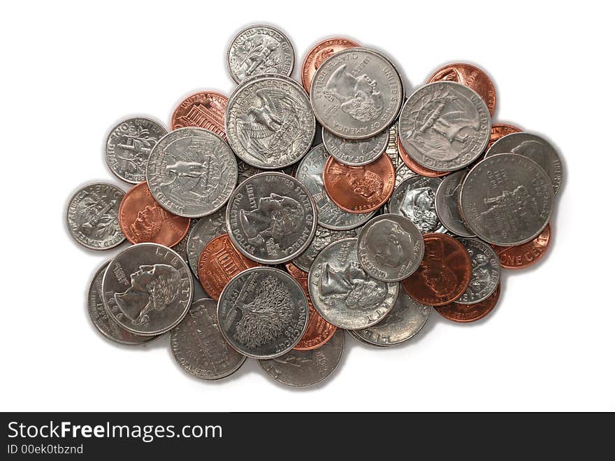 Coins white and red isolated on white background. Copper and silver.