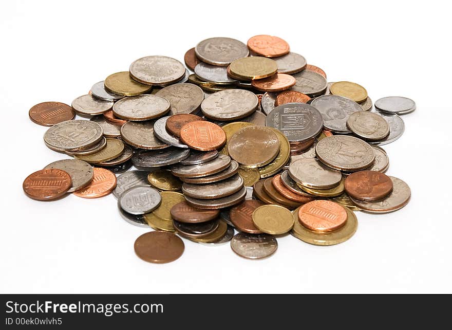 Coins white and red isolated on white background. Copper and silver.