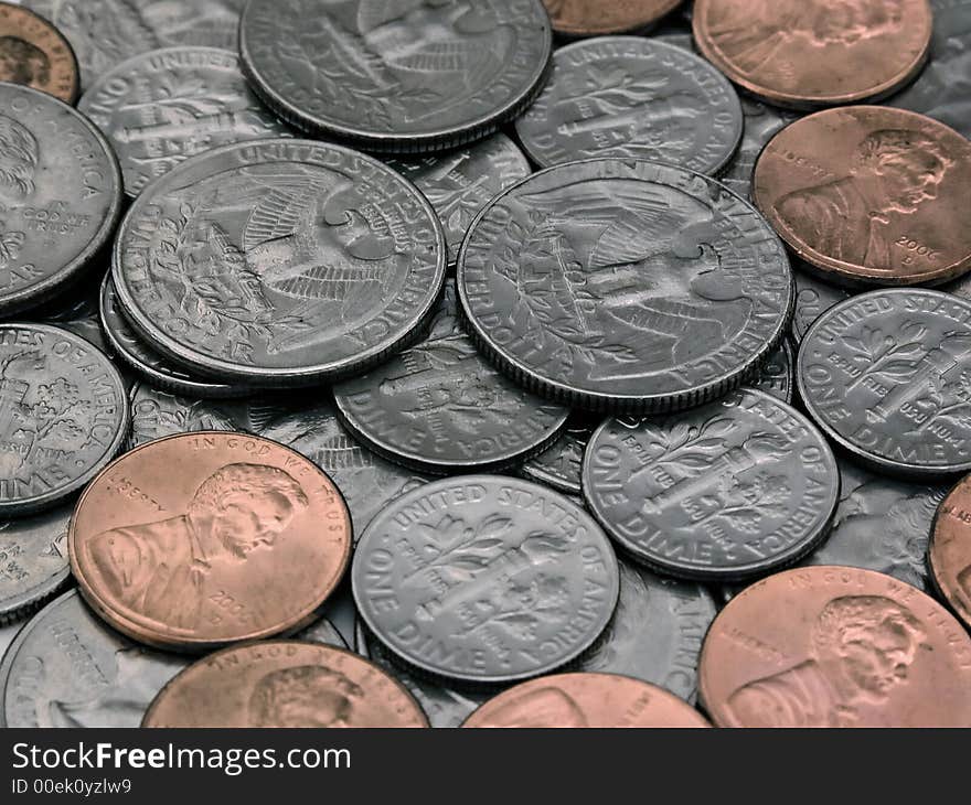 Coins white and red. Copper and silver.